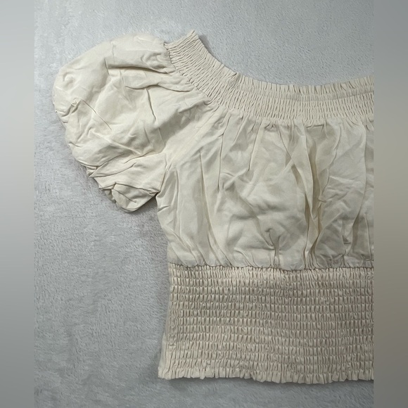 NEW ASTR M White Cream‎ Crop Top Balloon Sleeve Lyocell Linen Blend Blouse - Picture 8 of 9